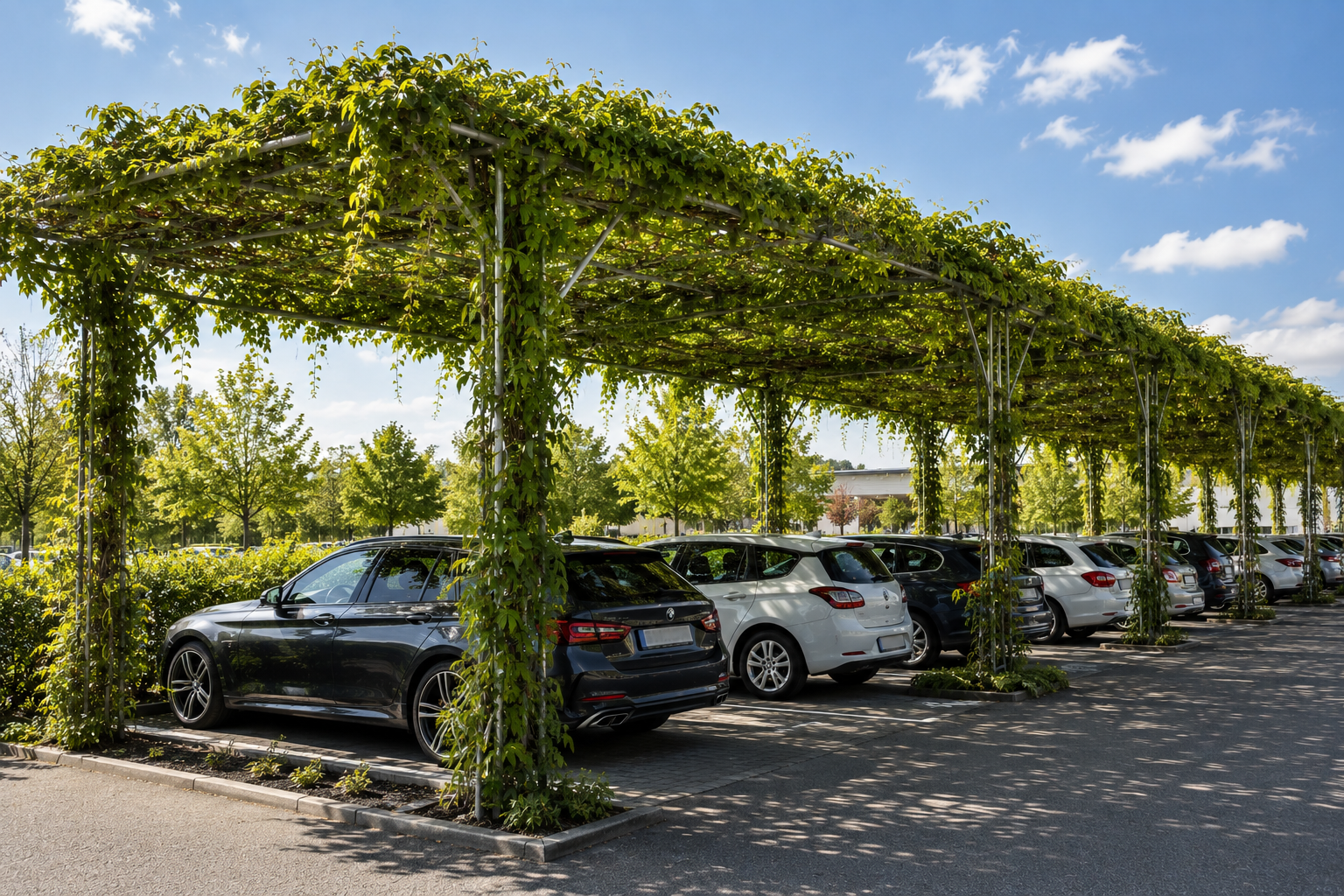 Parkplätze unter einem begrünten Klimadach aus filigranen Metallgerüsten